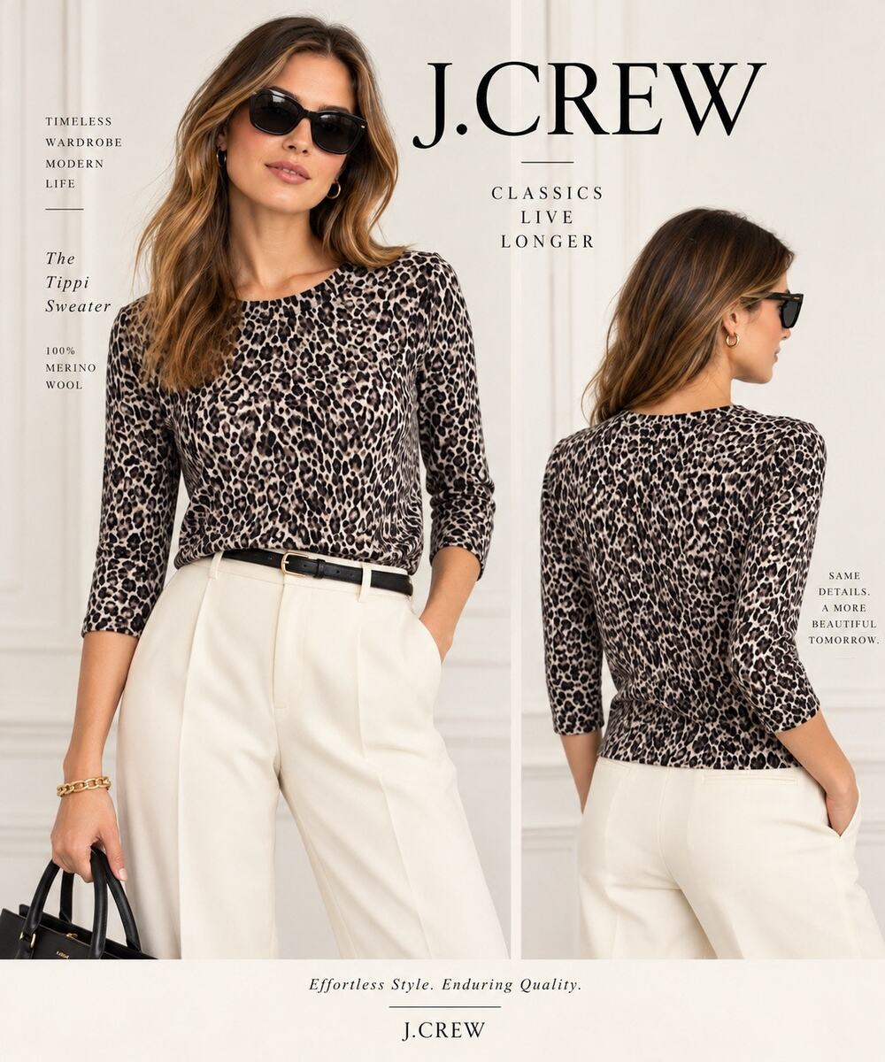 90s Minimalist Classic Preppy Leopard J.Crew Tippi 100% Merino Wool Sweater L